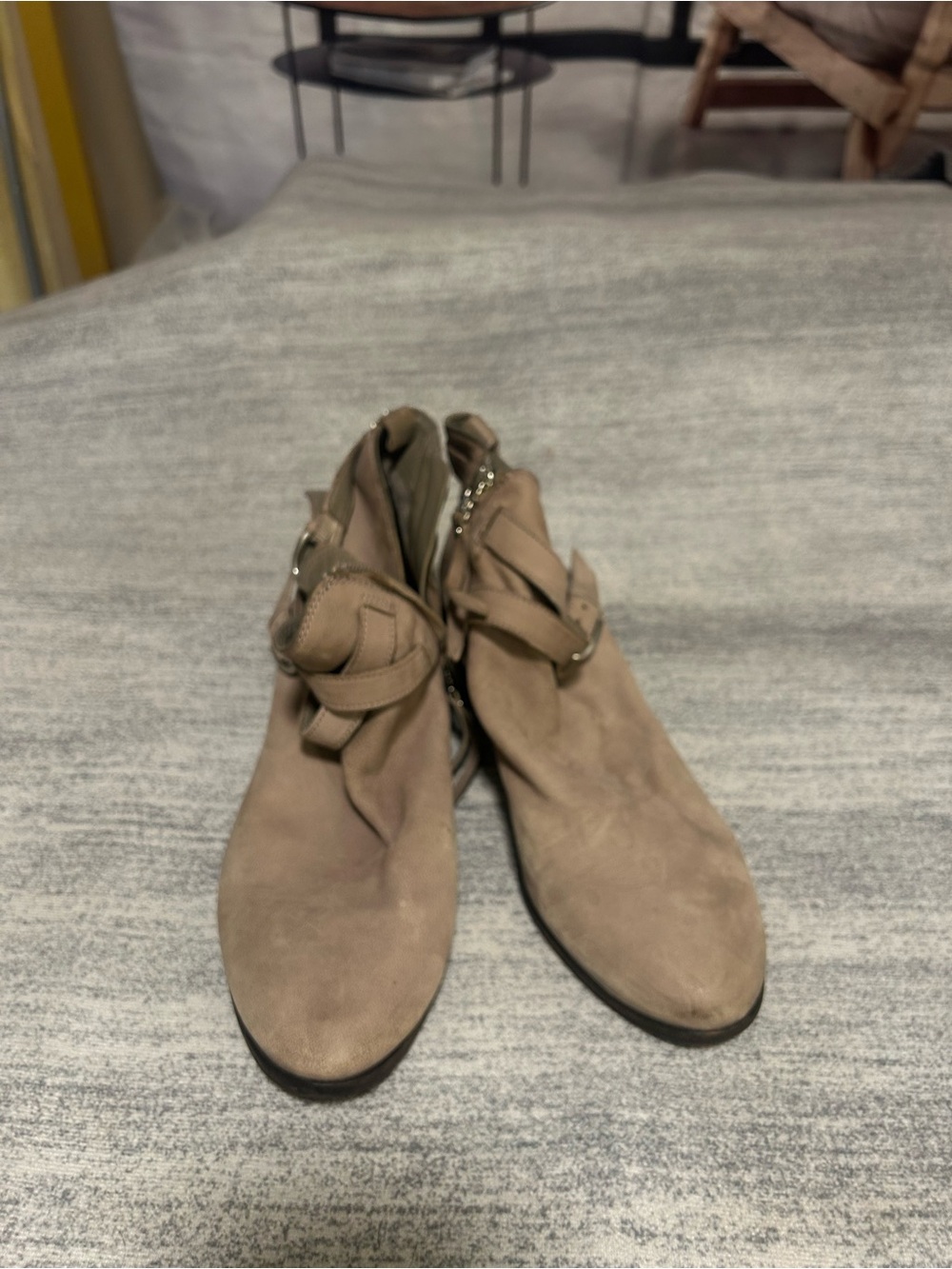 Women’s Taupe Suede Ankle Booties with Buckle Accent